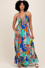 Royal Blue Floral Halter Cutout Tie Back Maxi Dress