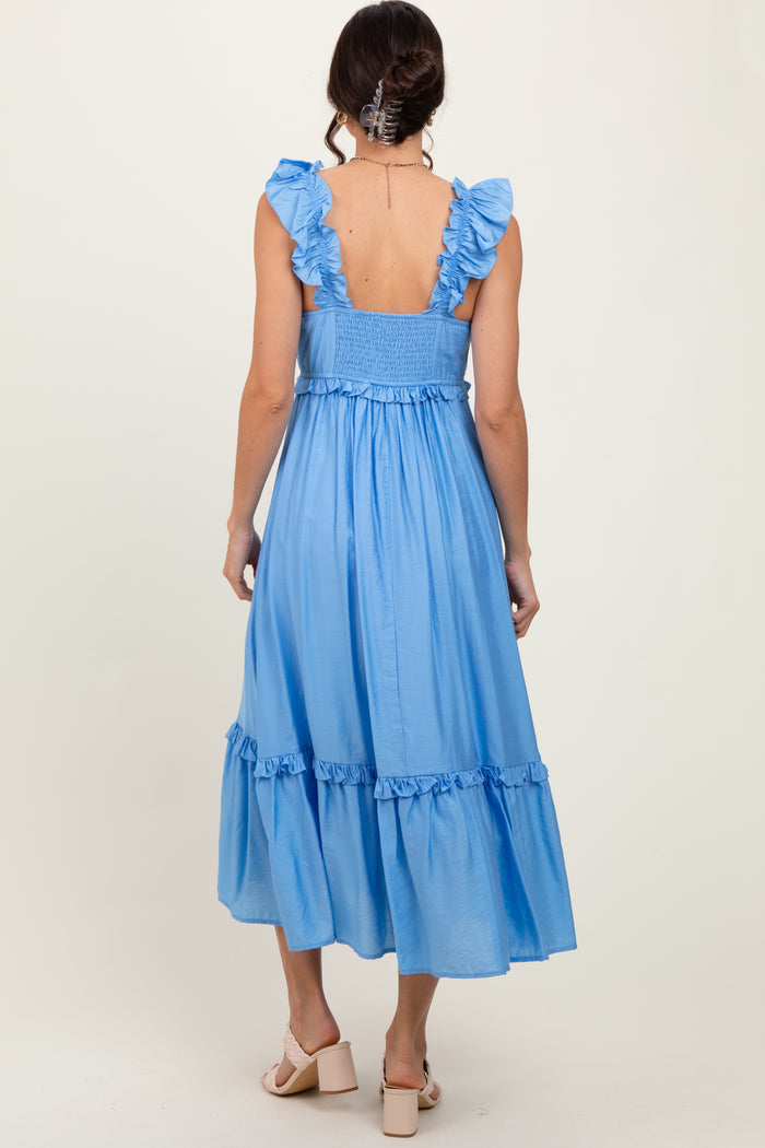 Blue Ruffle Strap Square Neck Midi Dress