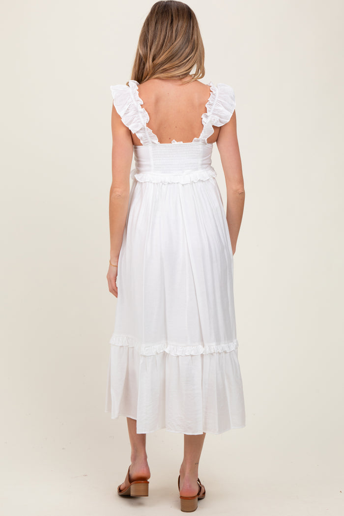 White Ruffle Strap Square Neck Maternity Midi Dress