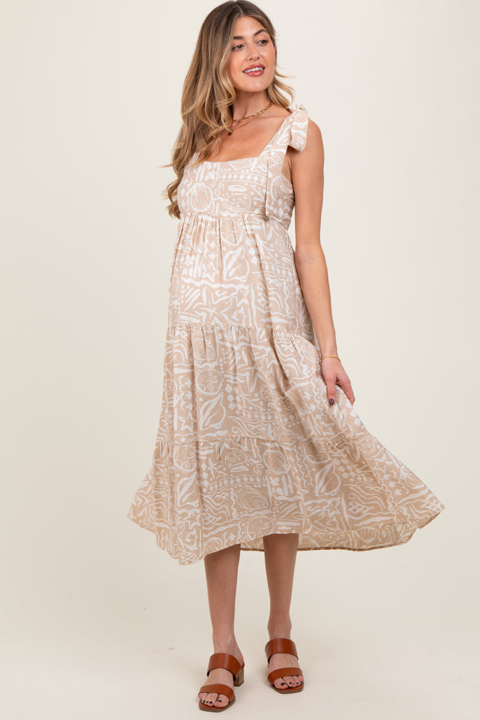 Beige Printed Tie Strap Tiered Maternity Midi Dress