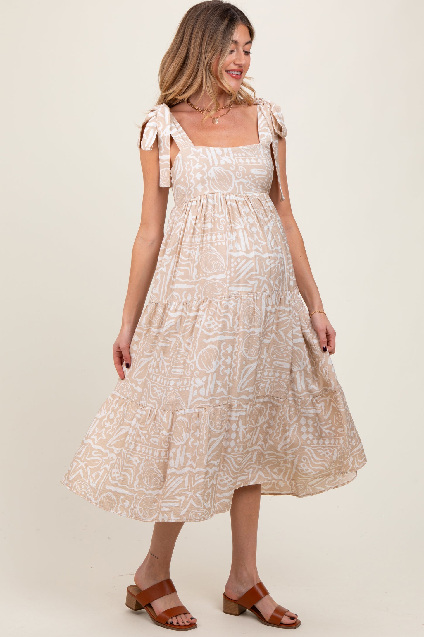 Beige Printed Tie Strap Tiered Maternity Midi Dress