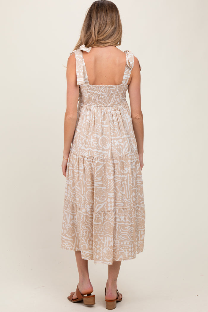 Beige Printed Tie Strap Tiered Maternity Midi Dress