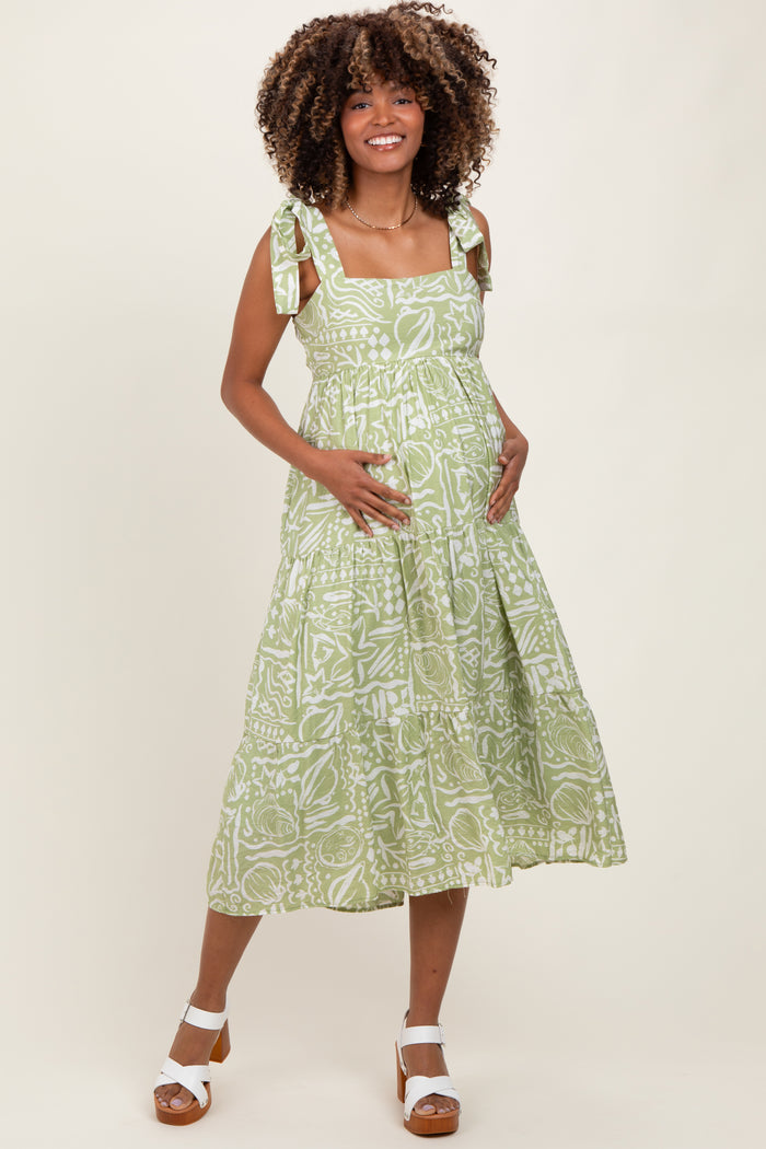 Light Olive Printed Tie Strap Tiered Maternity Midi Dress