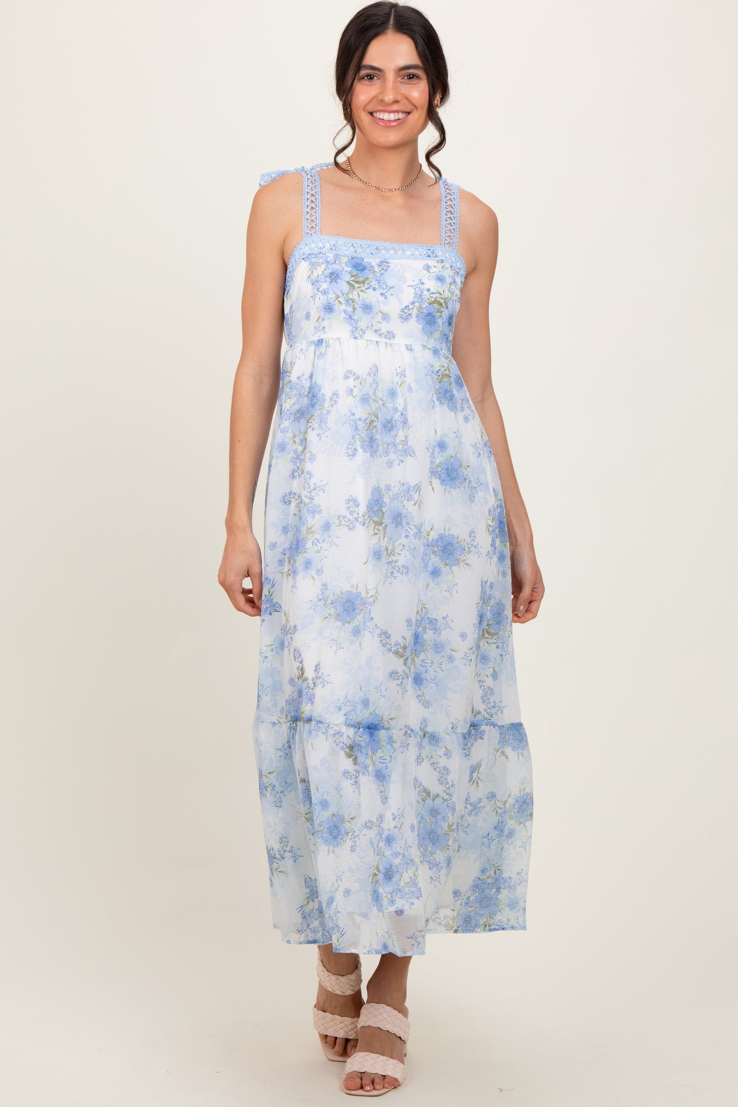 Blue Floral Chiffon Overlay Lace Shoulder Tie Midi Dress