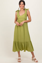 Light Olive Scallop Trim Shoulder Tie Midi Dress