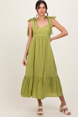 Light Olive Scallop Trim Shoulder Tie Midi Dress