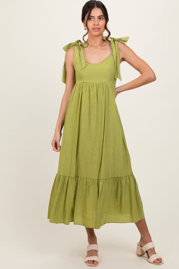 Light Olive Scallop Trim Shoulder Tie Midi Dress