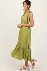 Light Olive Scallop Trim Shoulder Tie Midi Dress