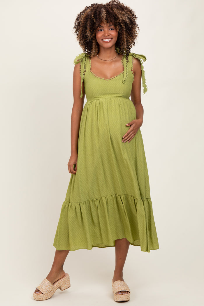 Light Olive Scallop Trim Shoulder Tie Maternity Midi Dress