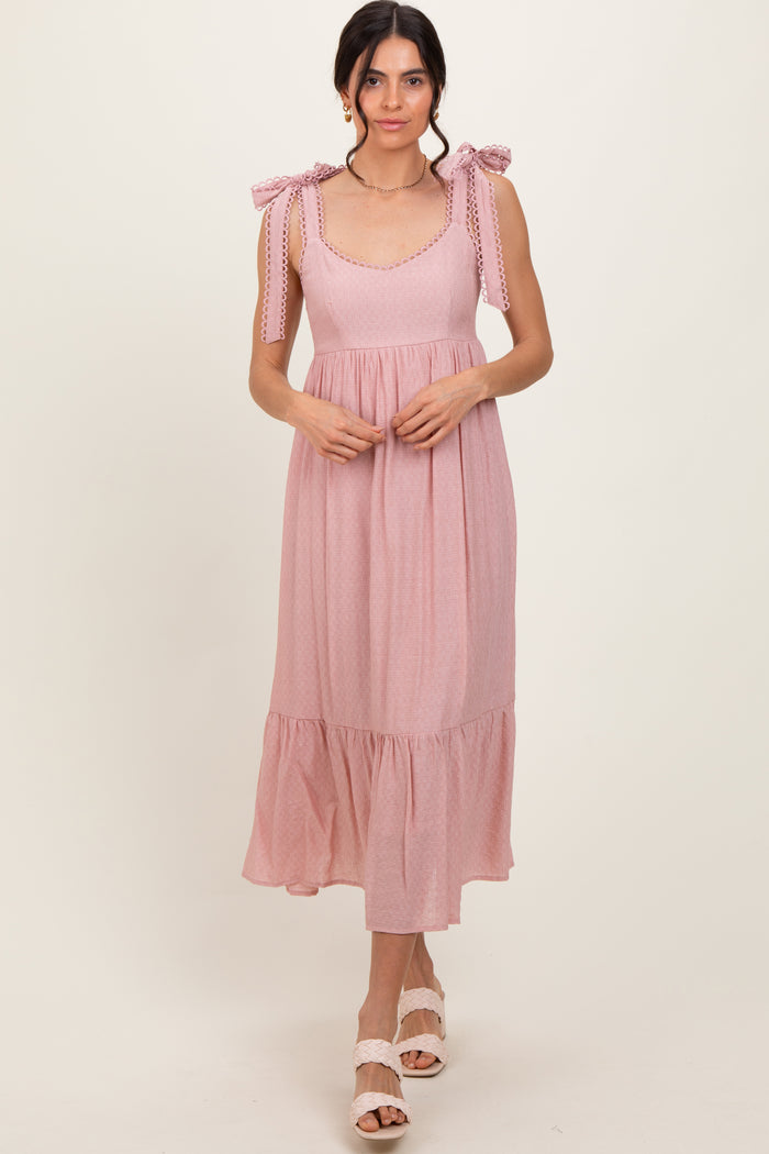 Light Pink Scallop Trim Shoulder Tie Midi Dress