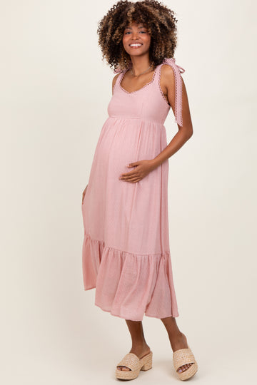 Light Pink Scallop Trim Shoulder Tie Maternity Midi Dress