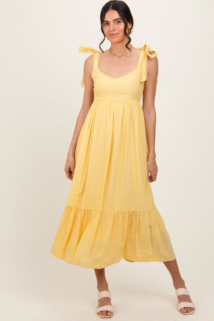 Yellow Scallop Trim Shoulder Tie Maternity Midi Dress