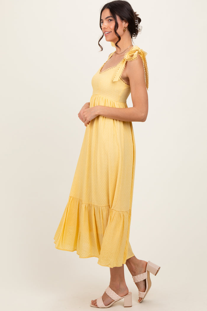 Yellow Scallop Trim Shoulder Tie Midi Dress