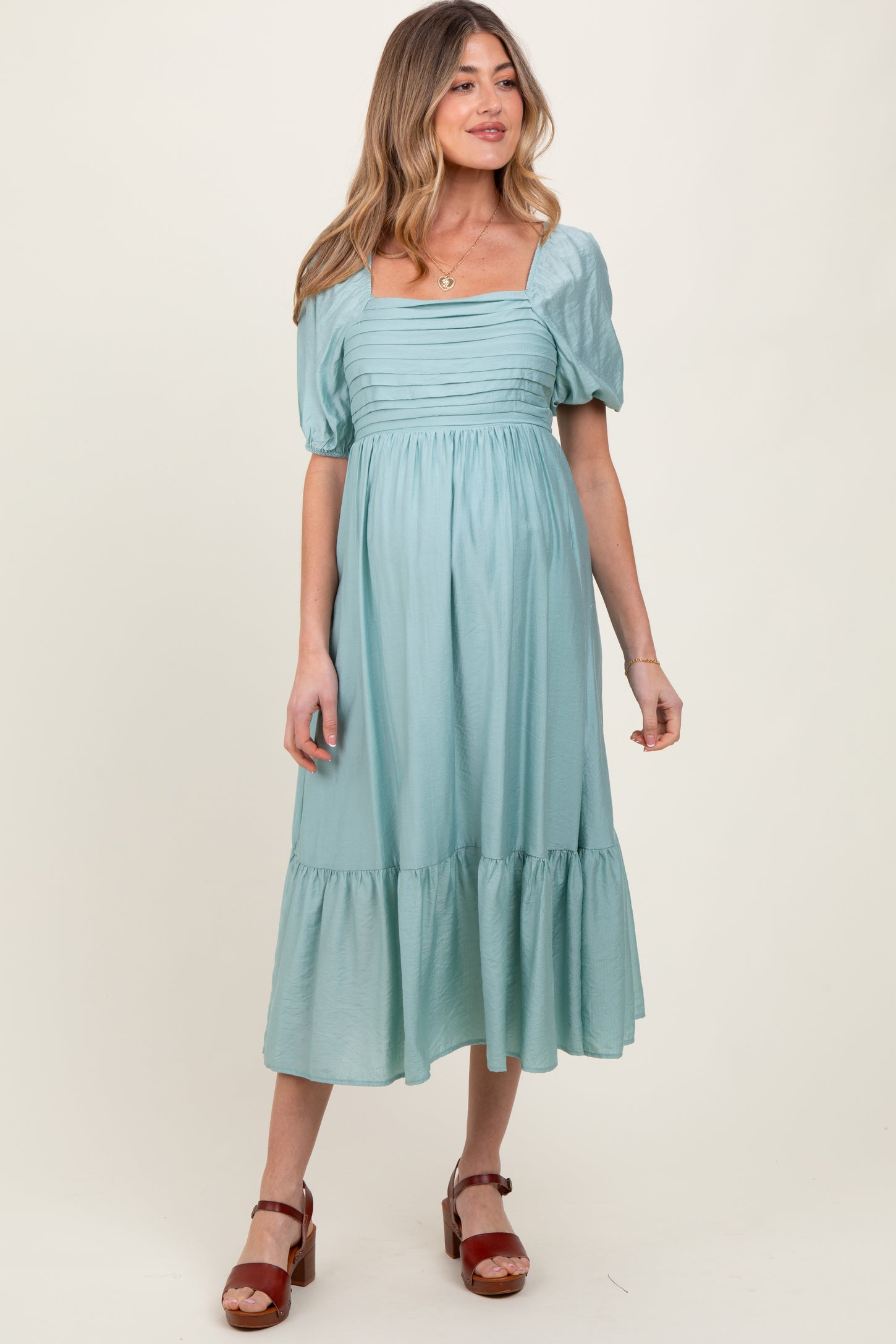 Light Olive Pleated Bodice Puff Sleeve Maternity Midi Dress