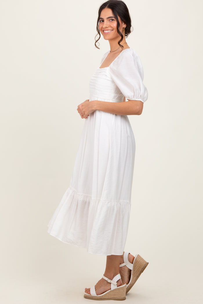 White Pleated Bodice Puff Sleeve Midi Dress