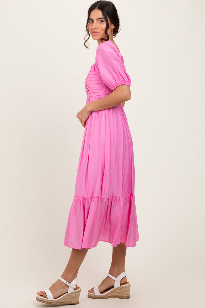Pink Pleated Bodice Puff Sleeve Midi Dress