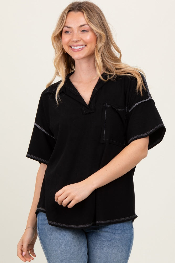 Black Solid Ribbed Collar V-Neck Maternity Tunic Top