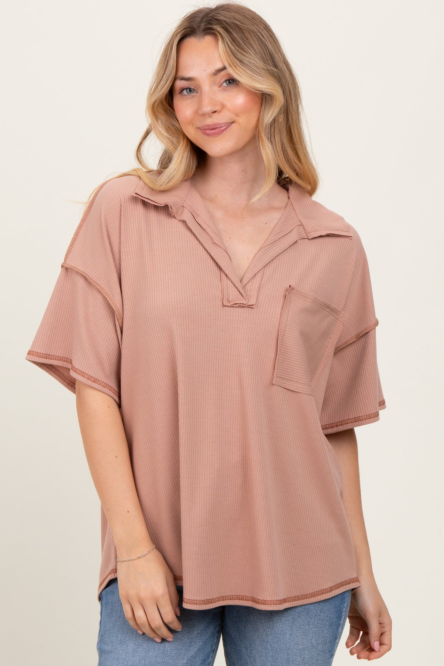 Beige Solid Ribbed Collar V-Neck Maternity Tunic Top