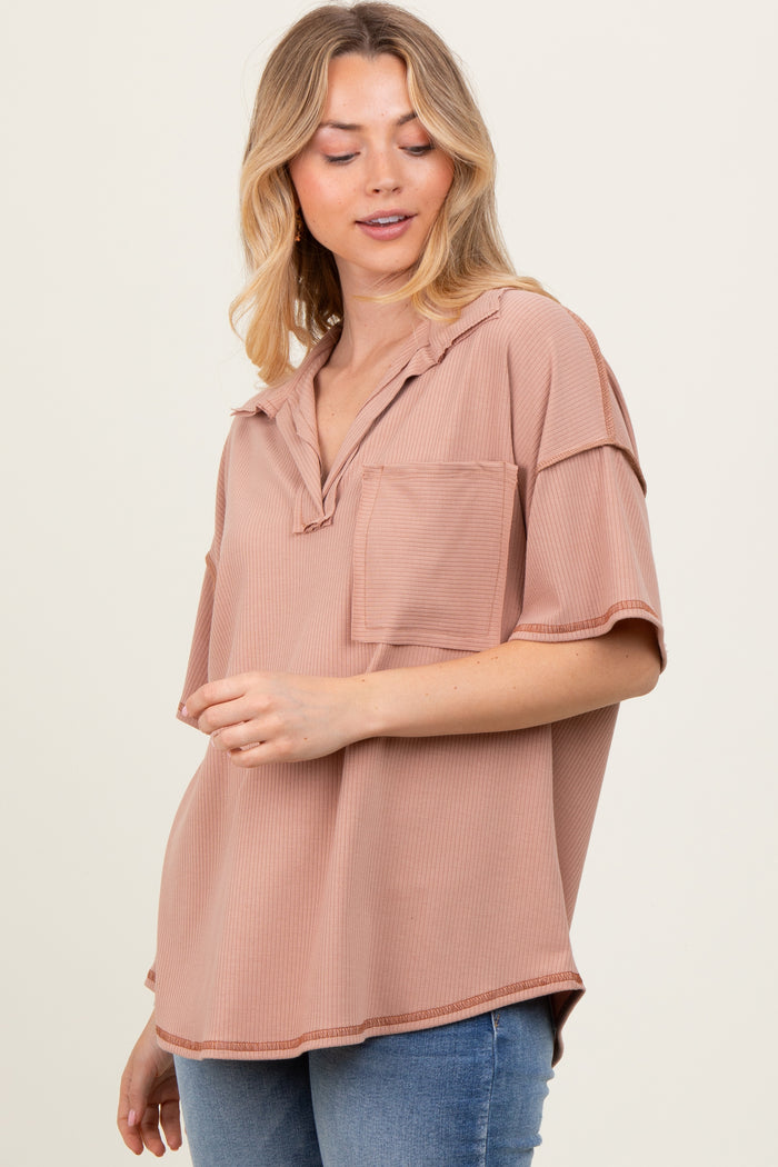 Beige Solid Ribbed Collar V-Neck Tunic Top