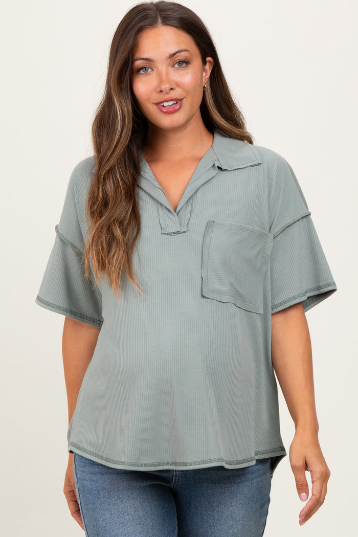 Olive Solid Ribbed Collar V-Neck Maternity Tunic Top