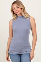 Charcoal Striped Ribbed Mock Neck Sleeveless Top