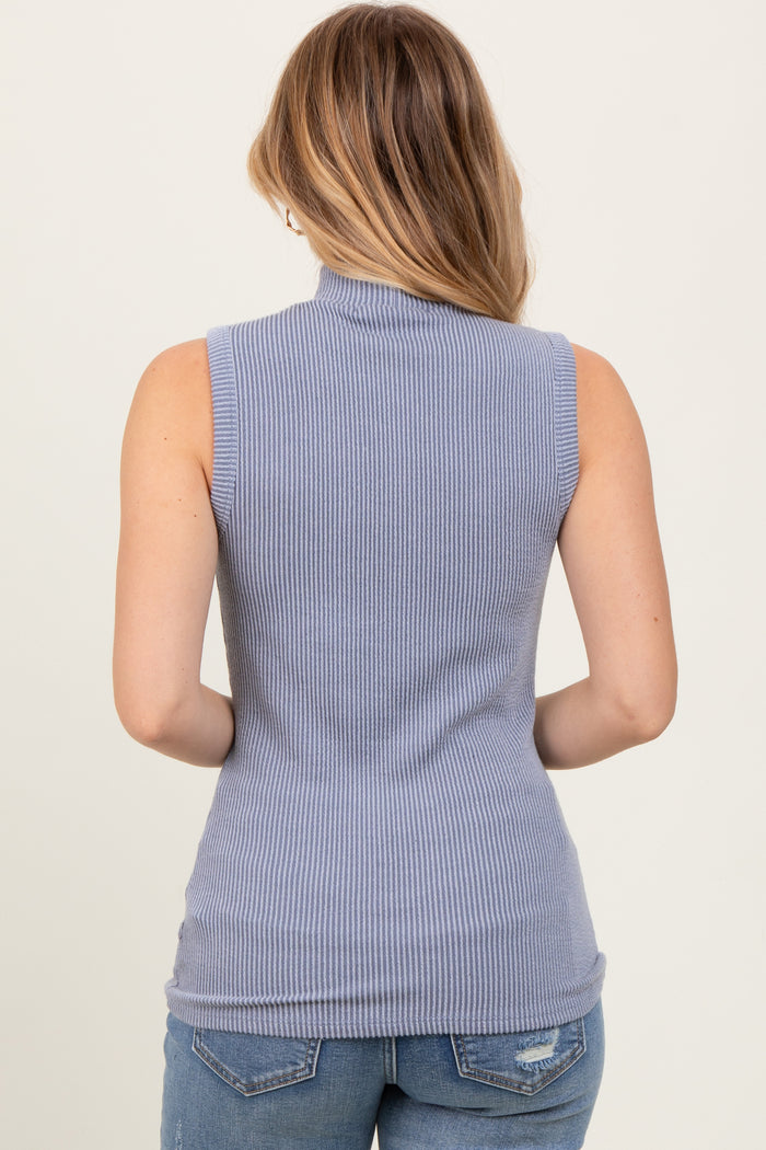 Charcoal Striped Ribbed Mock Neck Sleeveless Top
