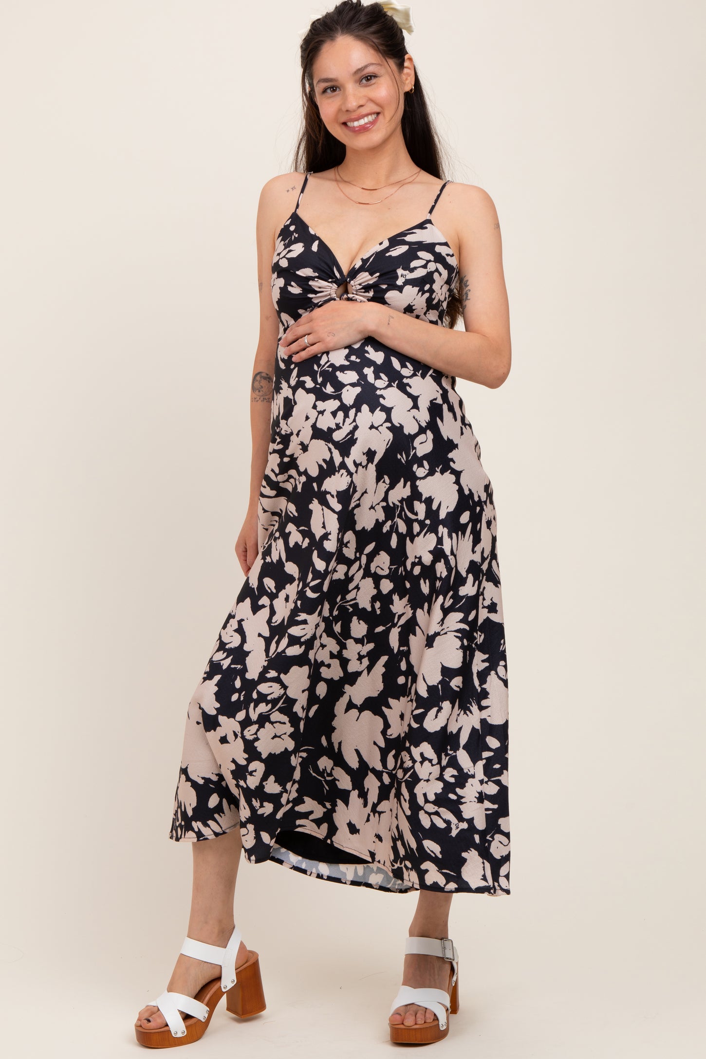 Black Floral Keyhole Detail Maternity Maxi Dress