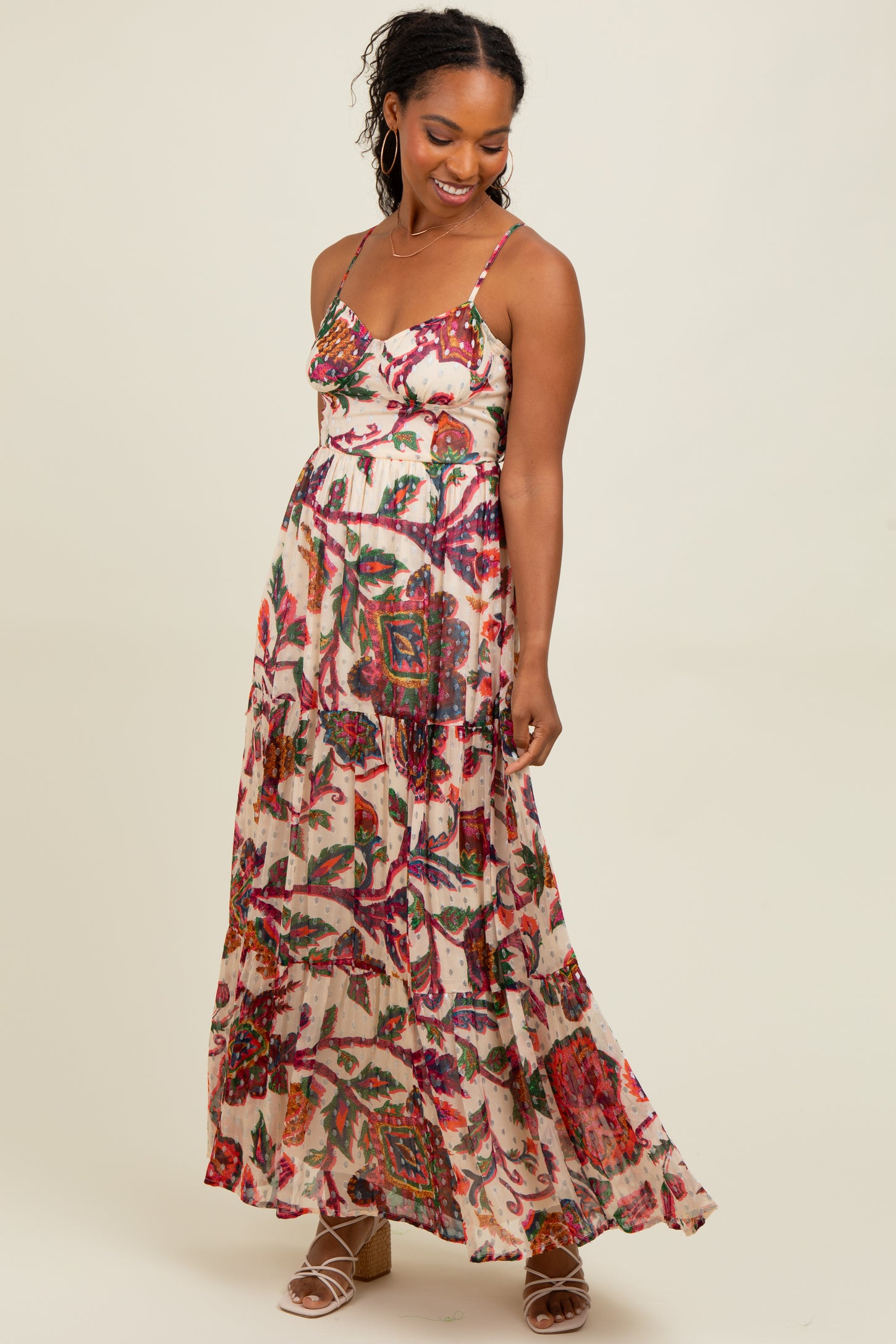 Cream Floral Back Cutout Tie Back Maxi Dress
