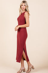 Burgundy Ribbed Side Slit Tank Dress