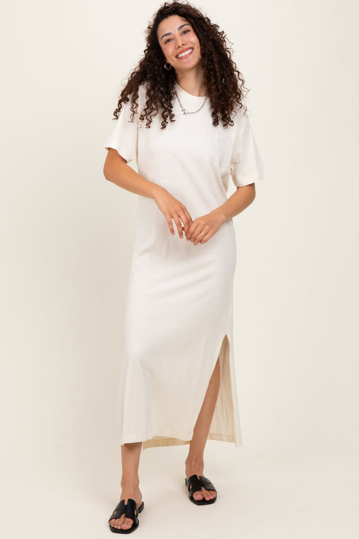 Cream Short Sleeve Knit T-Shirt Maxi Dress