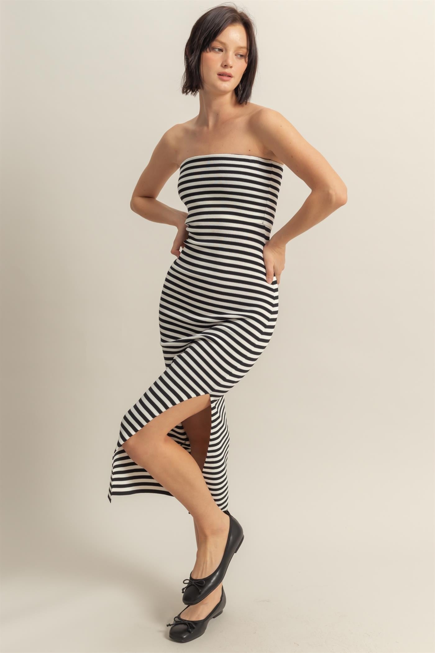 Black/White Striped Strapless Fitted Maxi Dress