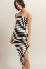 Black/White Striped Strapless Fitted Maxi Dress