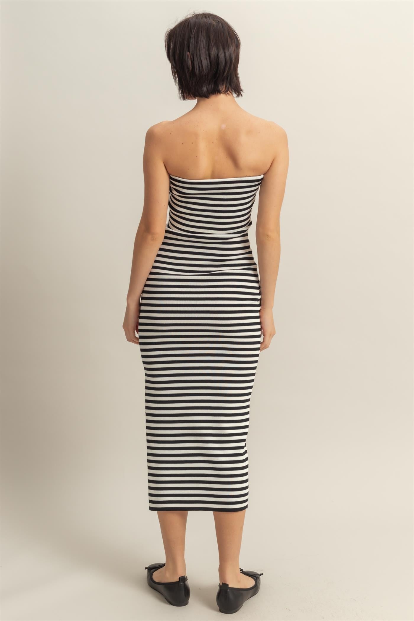 Black/White Striped Strapless Fitted Maxi Dress
