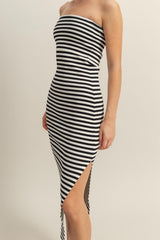 Black/White Striped Strapless Fitted Maxi Dress