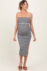 Black/White Striped Strapless Fitted Maternity Maxi Dress