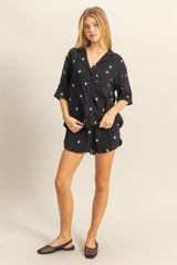 Black Floral Embroidered Top And Shorts Set