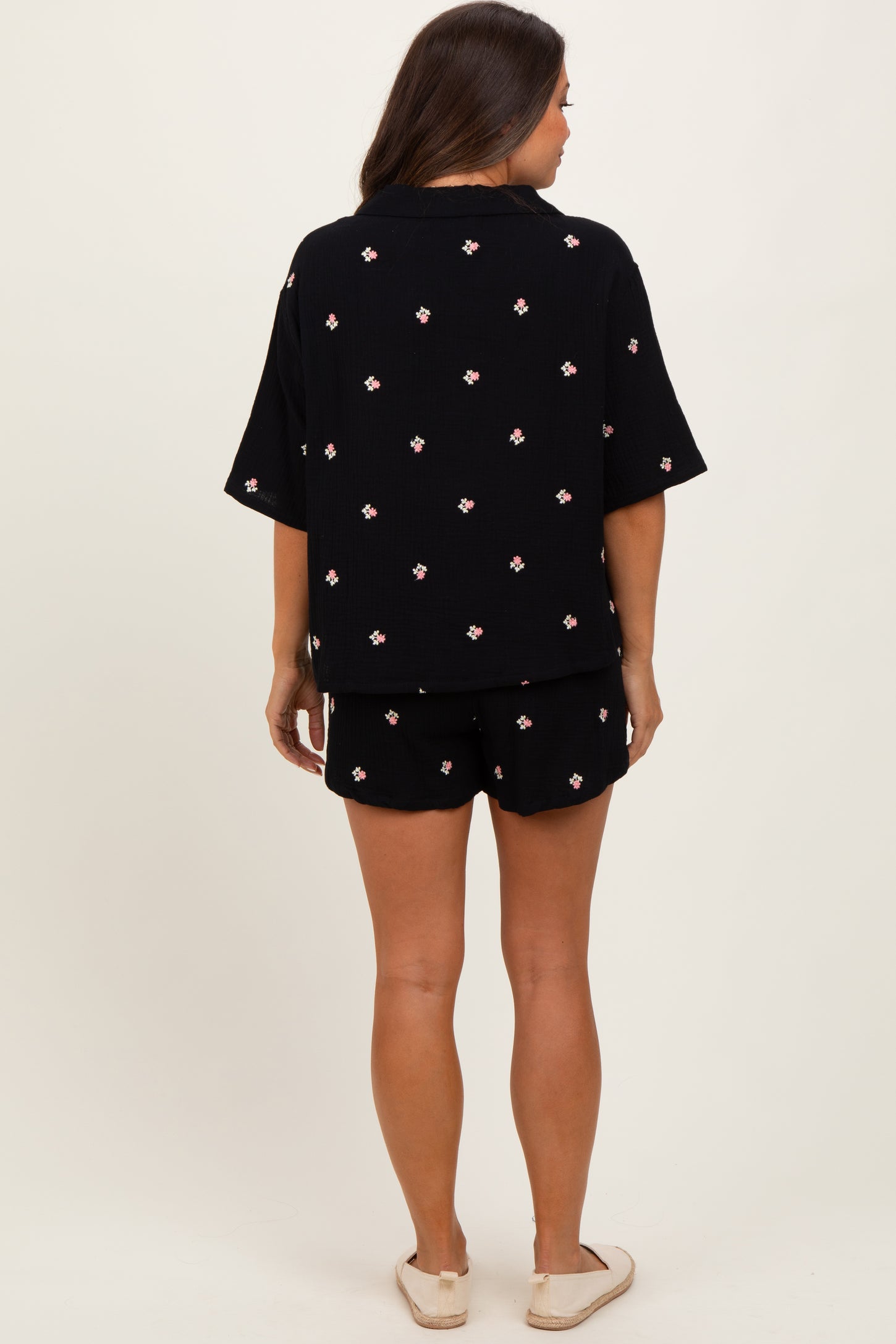 Black Floral Embroidered Top And Shorts Maternity Set