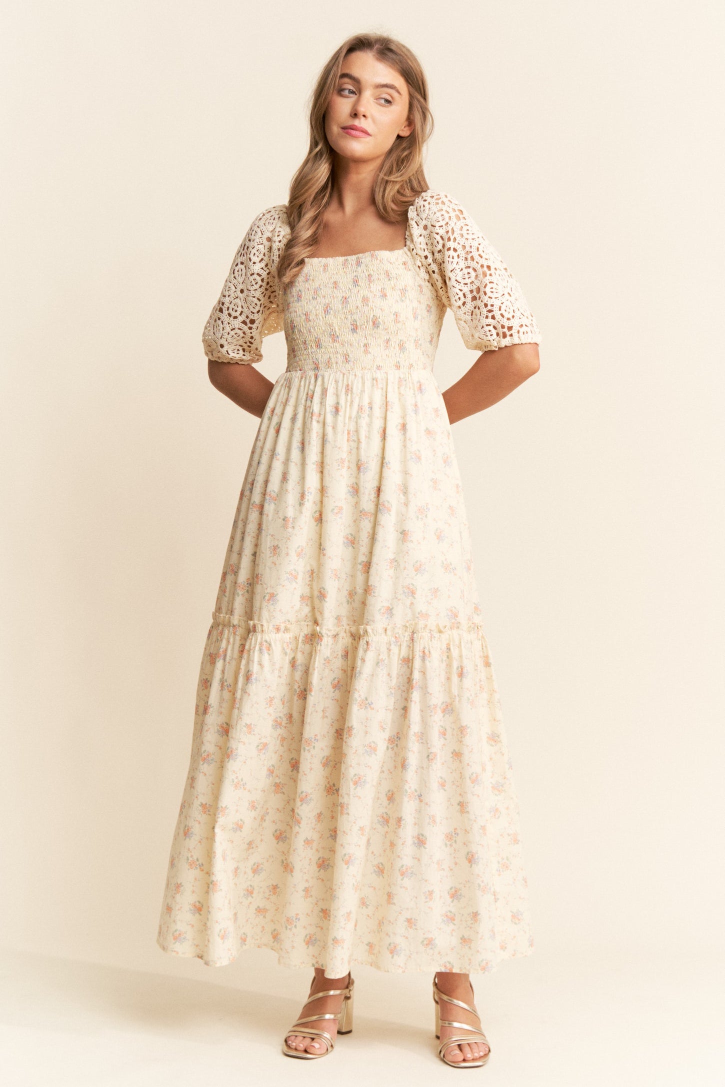Beige Floral Print Smocked Crochet Tiered Maternity Maxi Dress