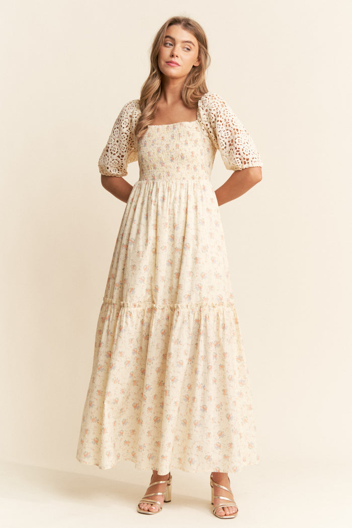 Beige Floral Print Smocked Crochet Tiered Maternity Maxi Dress