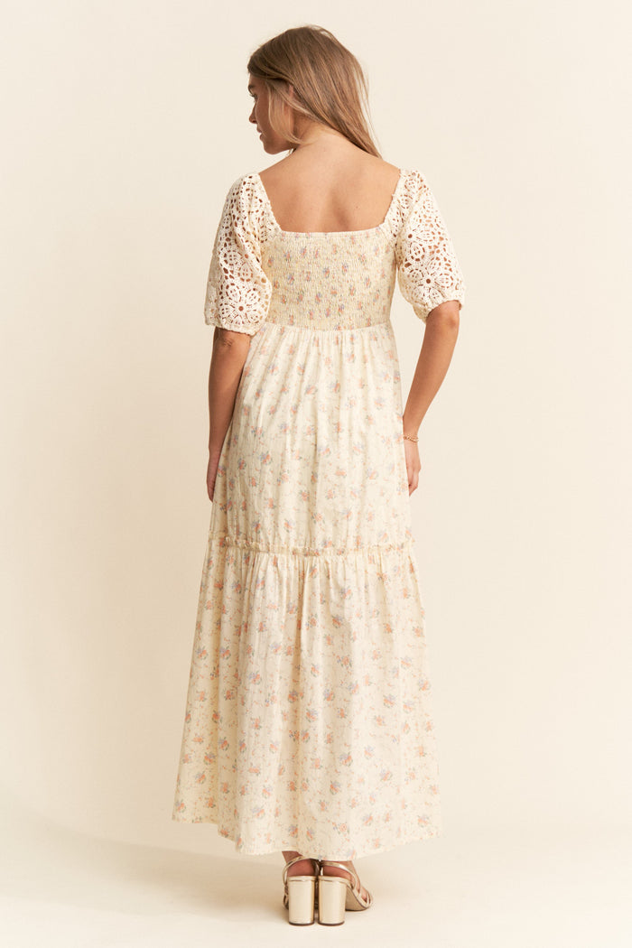 Beige Floral Print Smocked Crochet Tiered Maxi Dress