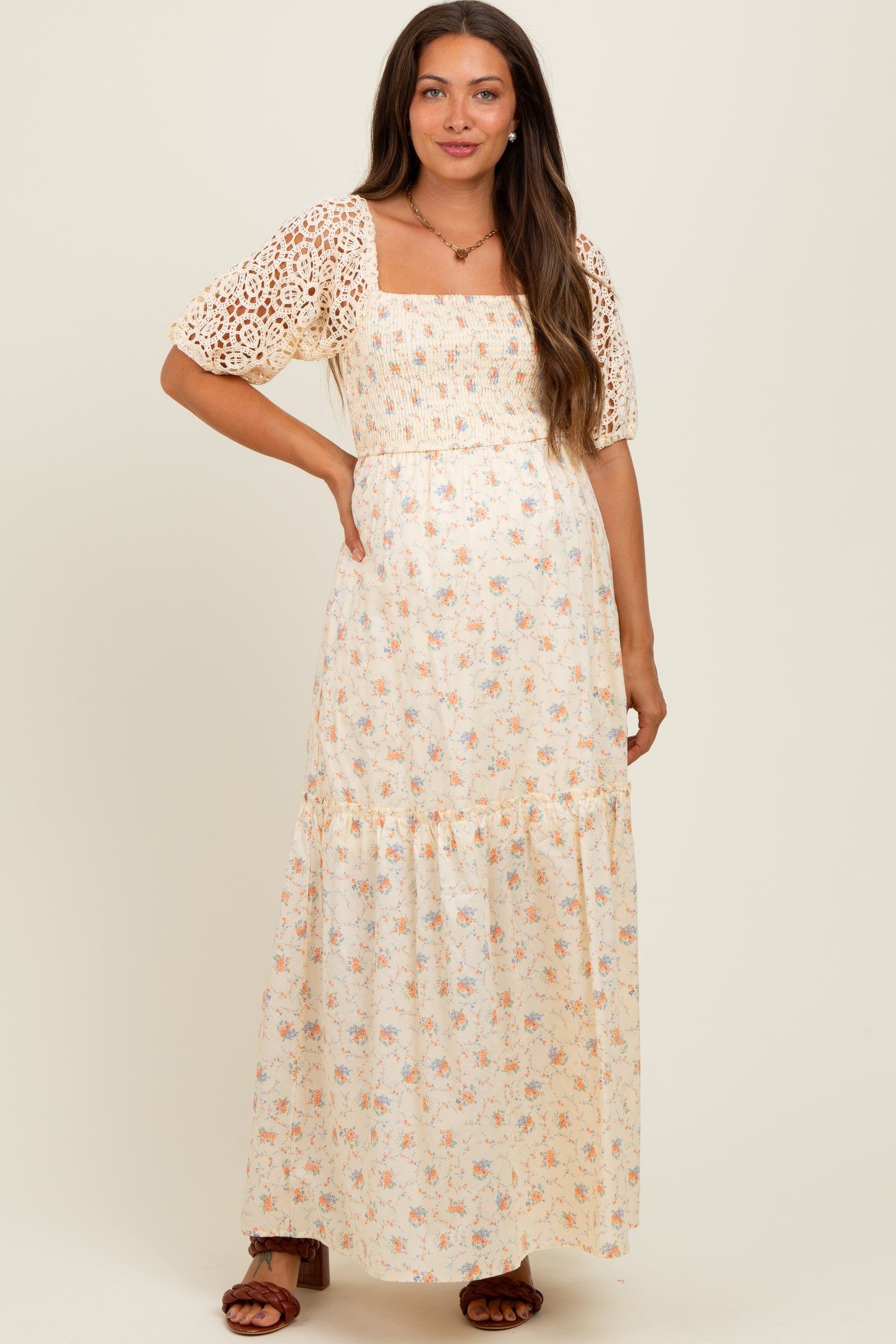 Beige Floral Print Smocked Crochet Tiered Maternity Maxi Dress