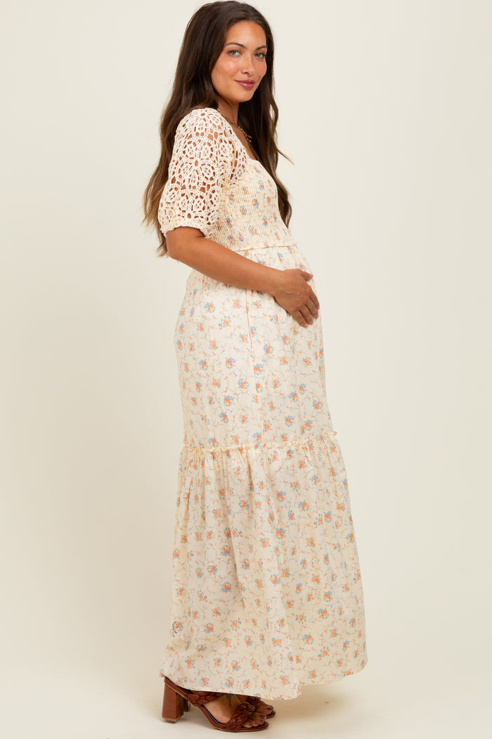 Beige Floral Print Smocked Crochet Tiered Maternity Maxi Dress