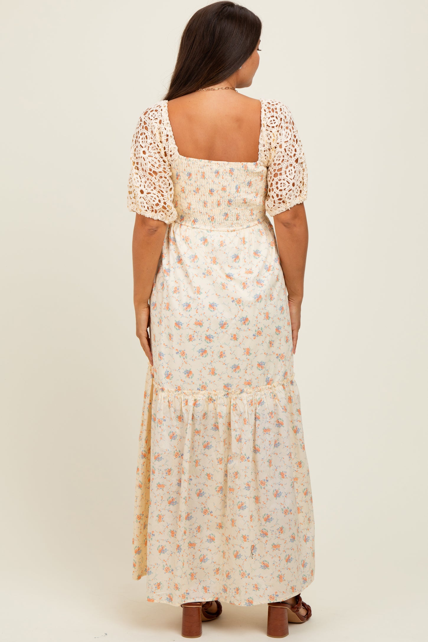 Beige Floral Print Smocked Crochet Tiered Maternity Maxi Dress