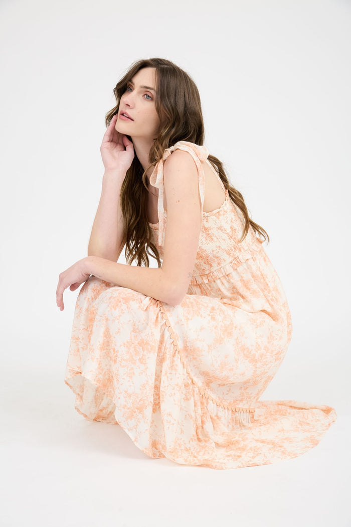 Peach Floral Smocked Shoulder Tie Midi Dress