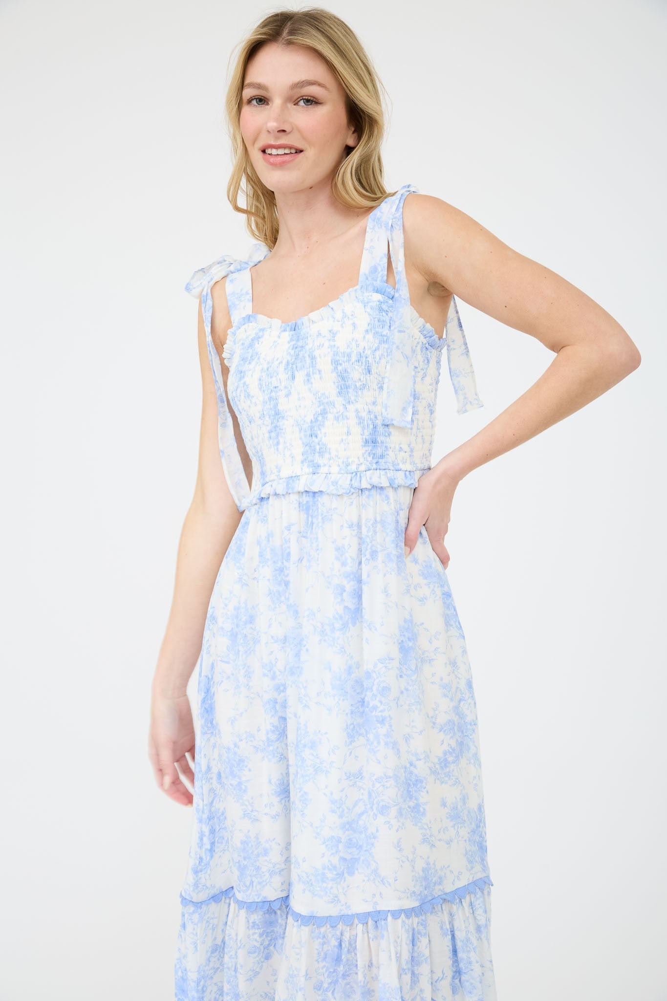 Light Blue Floral Smocked Shoulder Tie Midi Dress