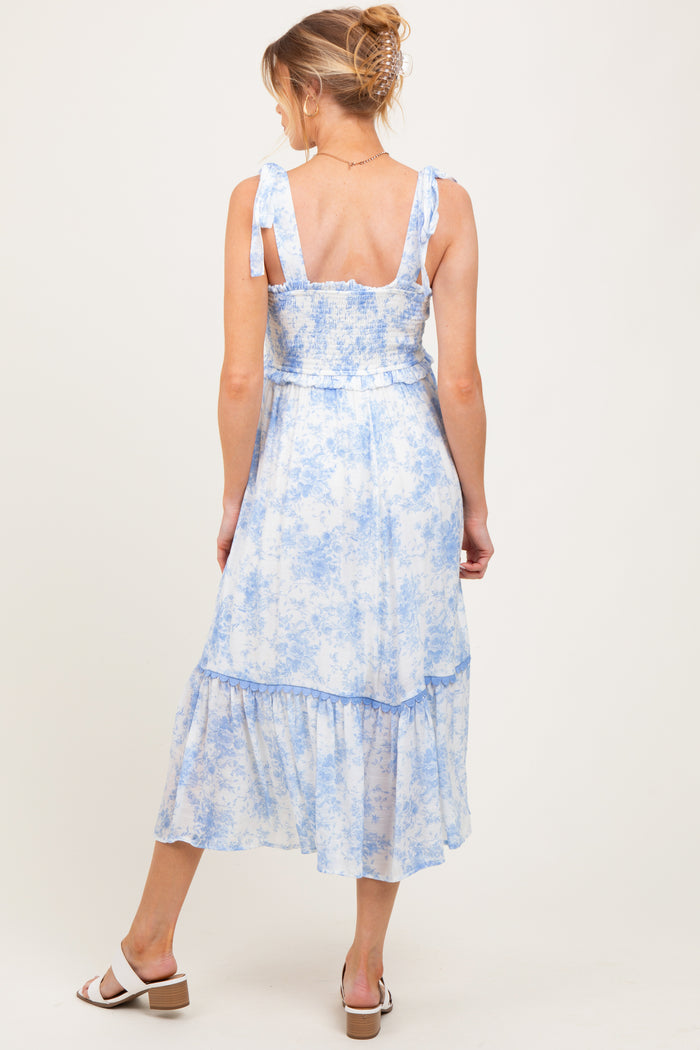 Light Blue Floral Smocked Shoulder Tie Maternity Midi Dress