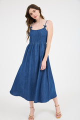 Navy Denim Sleeveless Bow Detail Midi Dress