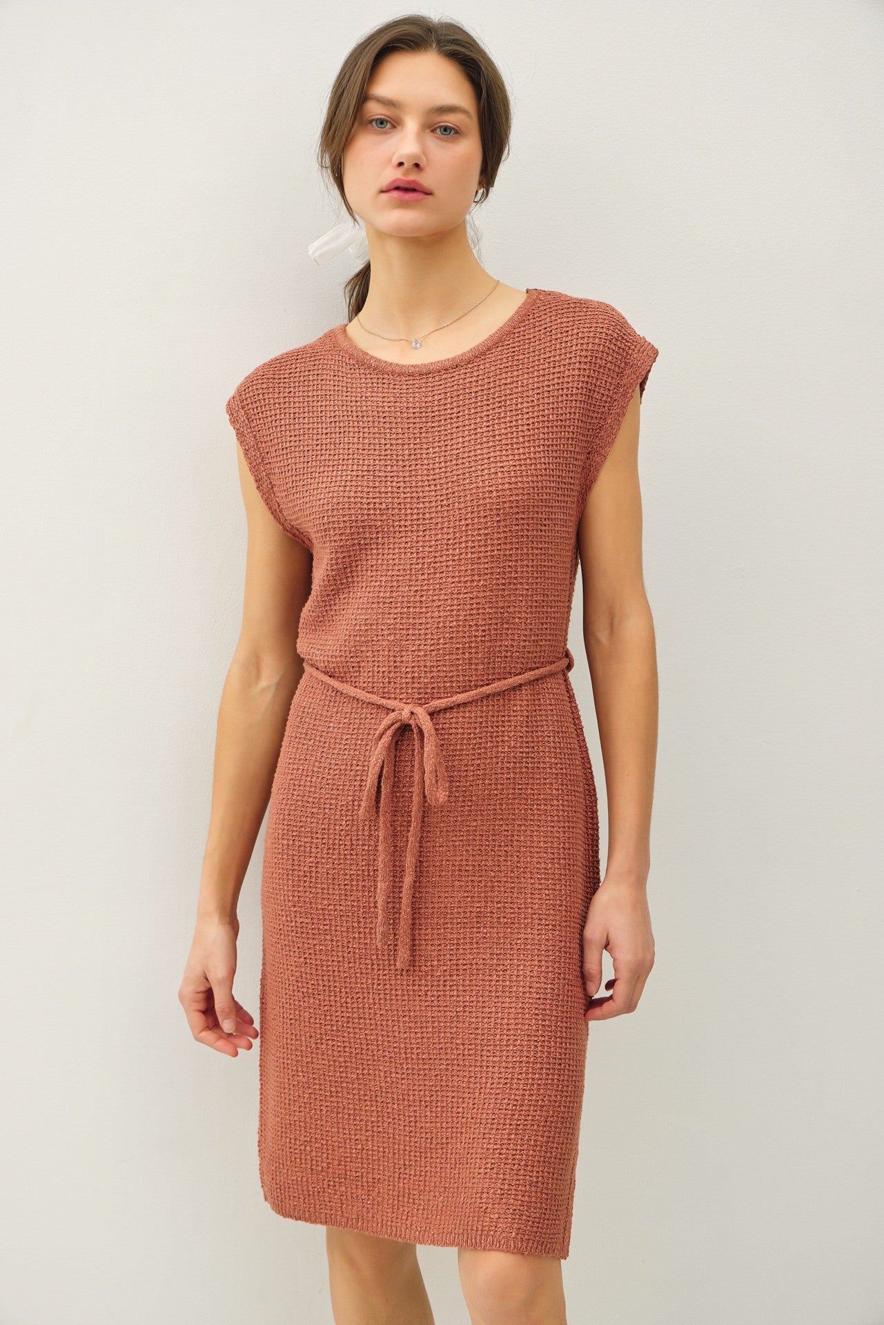 Light Rust Waffle Knit Sash Tie Short Sleeve Maternity Dress