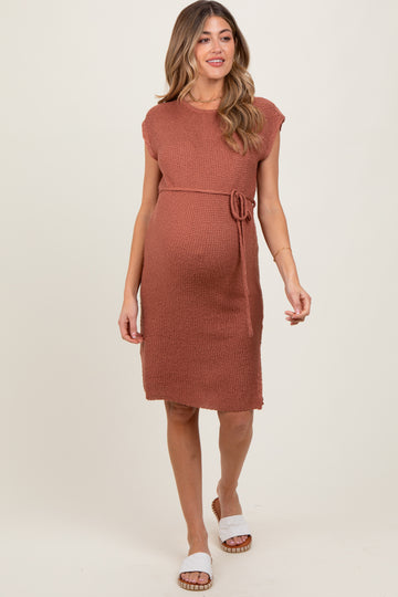 Light Rust Waffle Knit Sash Tie Short Sleeve Maternity Dress