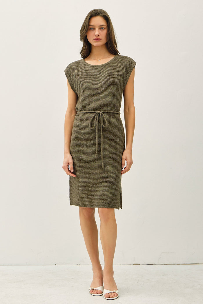 Olive Waffle Knit Sash Tie Short Sleeve Dress
